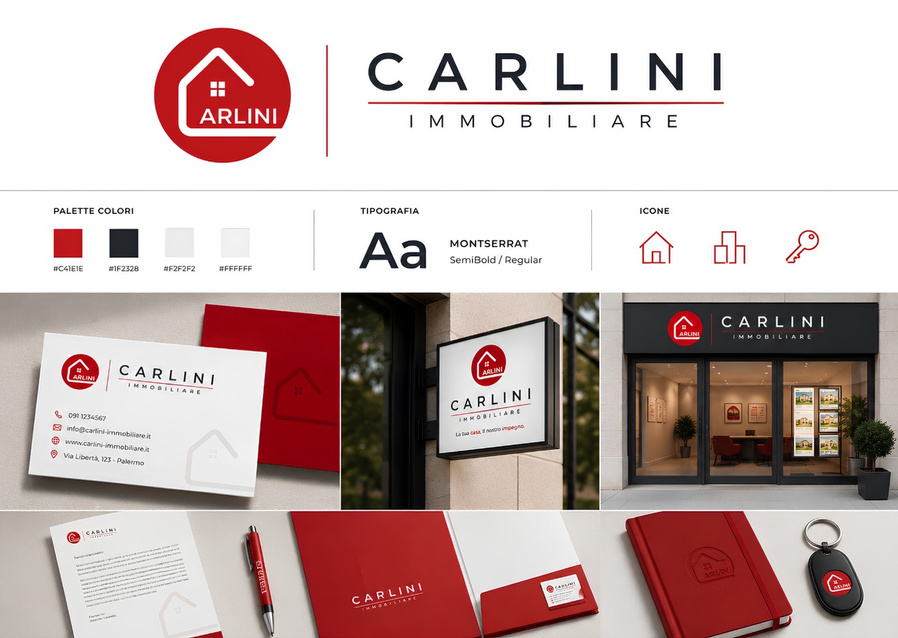 Rebranding completo Carlini Immobiliare: logo, palette, tipografia e applicazioni su biglietto da visita, insegna e vetrina